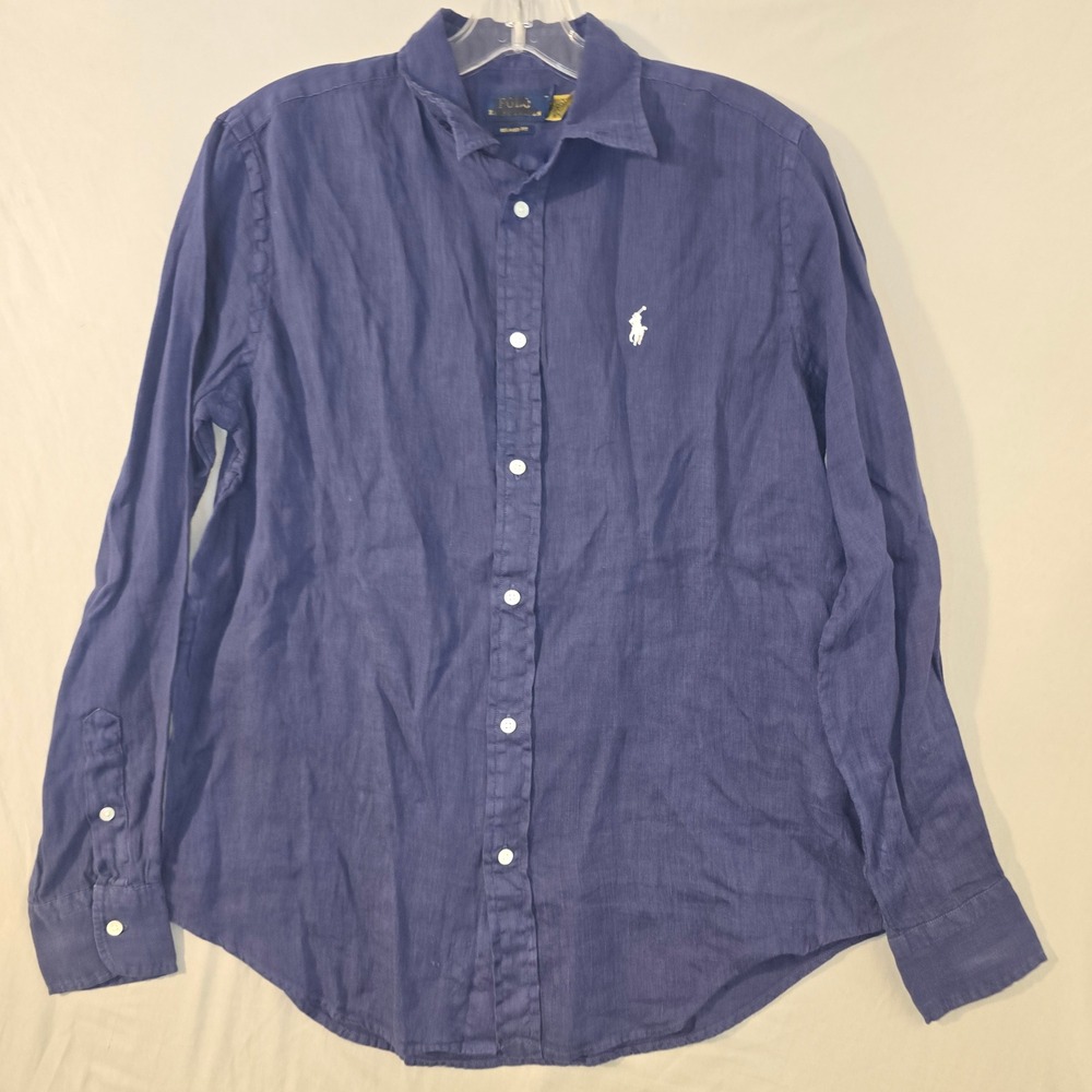 Polo Ralph Lauren Linen Shirt Small Men Navy Blue Relaxed Fit Long Sleeve